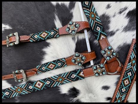 Showman Beaded Southwest Design 4 Piece Set - teal and black #3